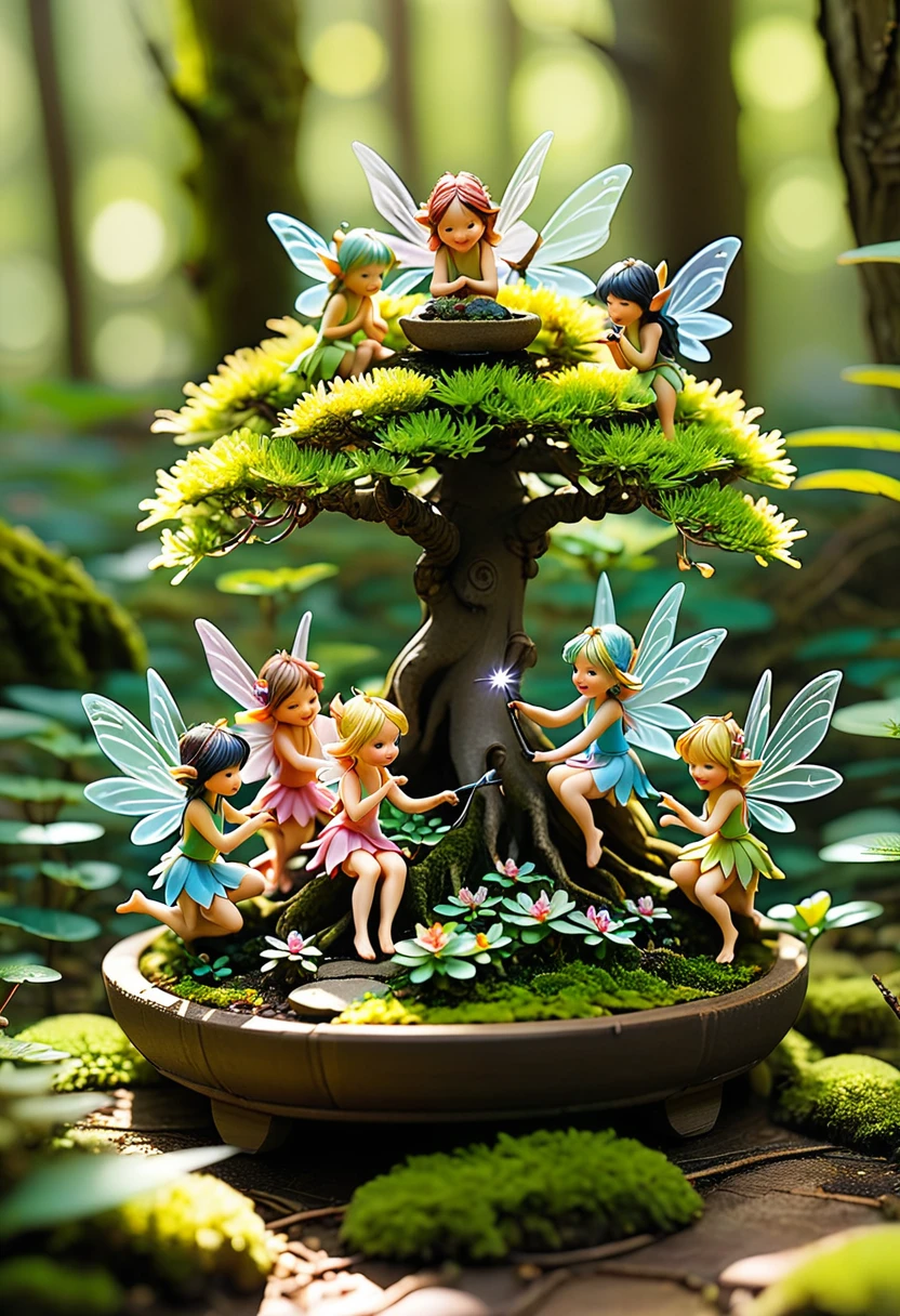 * A sunny clearing in the forest, where a group of tiny fairies gather around a miniature bonsai. The fairies laugh and talk as they tend to the tiny tree with delicate tools