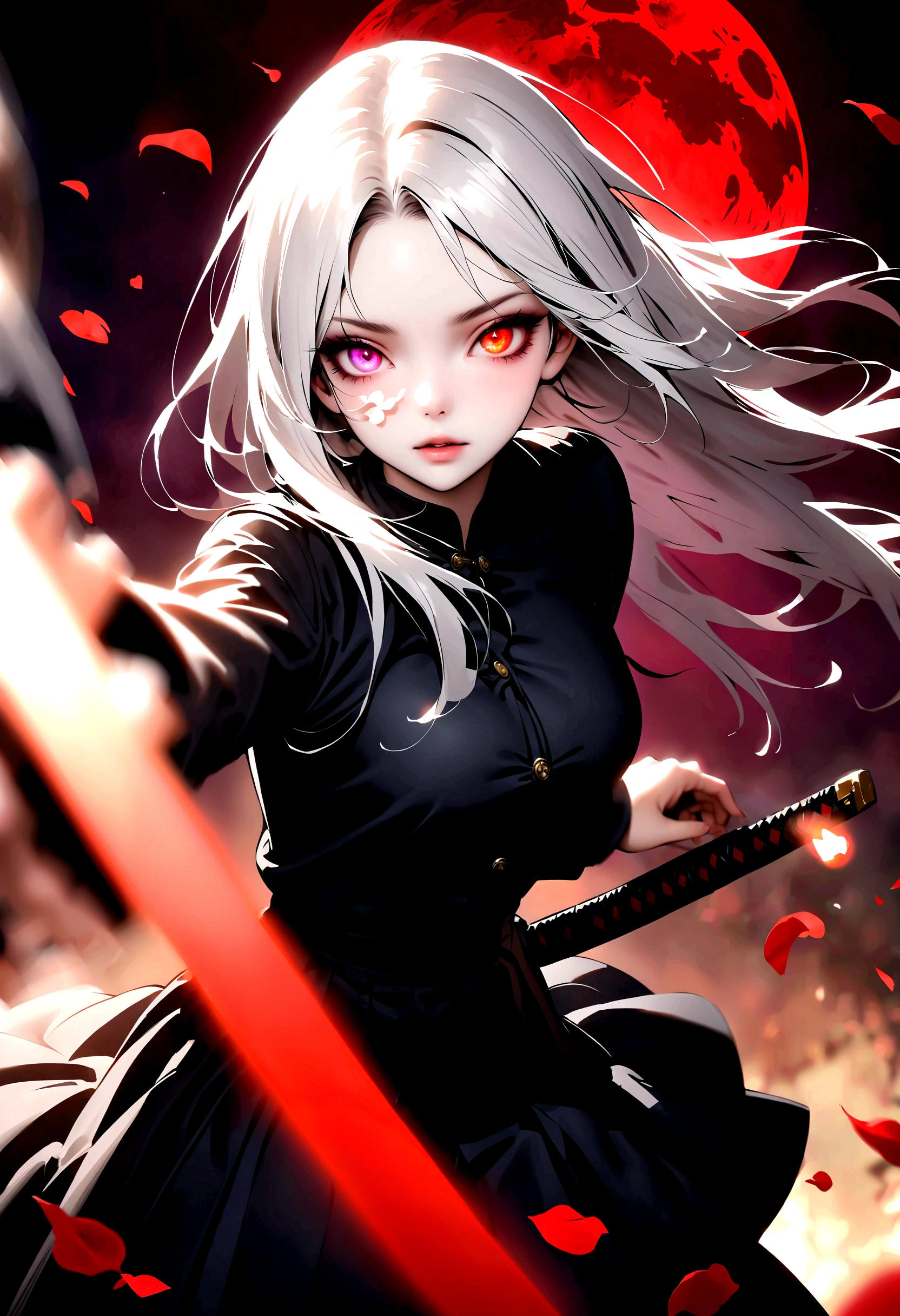 Japanese Anime：1 Girl, Beautiful and delicate eyes, Heterochromia，Beautiful and delicate lips, Extremely detailed eyes and face, Long eyelashes, Elegant Posture, White long hair,((( Black pleated skirt))), (((Glowing katana, Motion Blur, Petals in the air,))) Blurred foreground, Focus on the face, Japanese Anime艺术风格, Powerful energy, Dynamic Action, Red Moon, dark purple tones,
