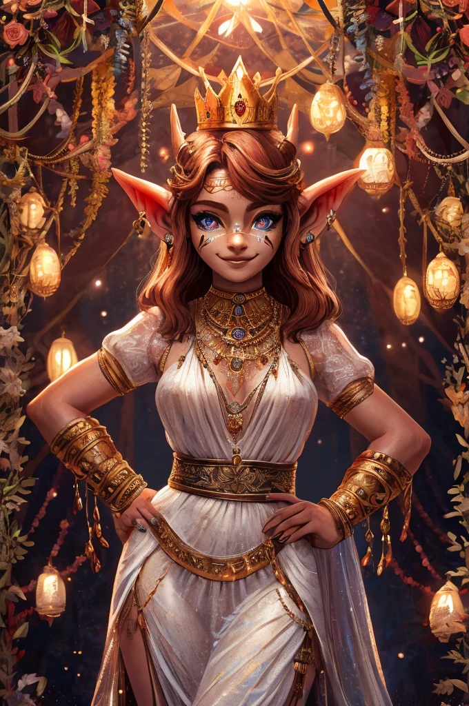 Steampunk inspired goblin princess. copper wire necklaces and bangles. Crown of fine copper wire. copper coloured tatoos cover her face and body intricate and beautiful designs. LArge pointed ears that end in curlicues. Hands on hips. Ember colored eyes adorned with intricate copper wireing. a pure white dress, hemmed with copper, covered in copper lace and filligree. silver designs cover the skirt in a kaleidoscope of intricate copper designs. Background is magical verdant forrest. Her visage is a mesmerizing blend of Sydney Sweeney, Alison Brie, Dove-Cameron, creating a unique, symmetrical face that exudes elegance and grace. copper colores face tattoos. Copper colored arms, and chest tatoos. Cozy, romantic lighting. Cheerful smile. Copper hair that shimmers and sparkles in the lights. Hourglass figure. copper lips. dark copper eye shadow.