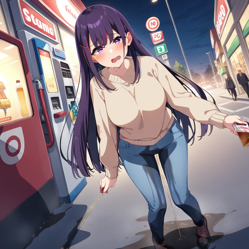(masterpiece:1.37), best quality, (extremely detailed:1.37), (1girl:1.5), woman, (mature:1.5), (adult:1.5), large breasts, very long hair, (straight hair:1.5), (very dark purple hair:1.5), purple eyes, (extremely detailed eyes:1.37), sweater, scarf, jeans, desperation, (wetting self:1.5), standing, embarrassed, humiliation, blushing, gas station, snowing, street, golden hour, full body