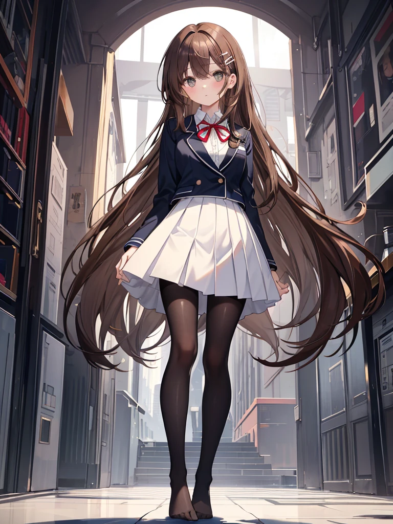 finest, masterpiece, High resolution, (full body), front, symmetrical, Mature tall high school girl, alone, (full body from head to toe), small breasts, long hair, slightly messy hair, (black tight track pantyhose), black pantyhose, composition showing white panties, slender beautiful legs, A very beautiful and tall 17 year old girl, ((not wearing shoes)) , shy big eyes, ( (brown hair)), (bangs), messy hair, (hair clip), looking at camera, showing white panties, white ruffle lingerie, high school uniform blazer, high school uniform white blouse, High school uniform with blue ribbon, high with 短い plaid pattern and navy pleated skirt