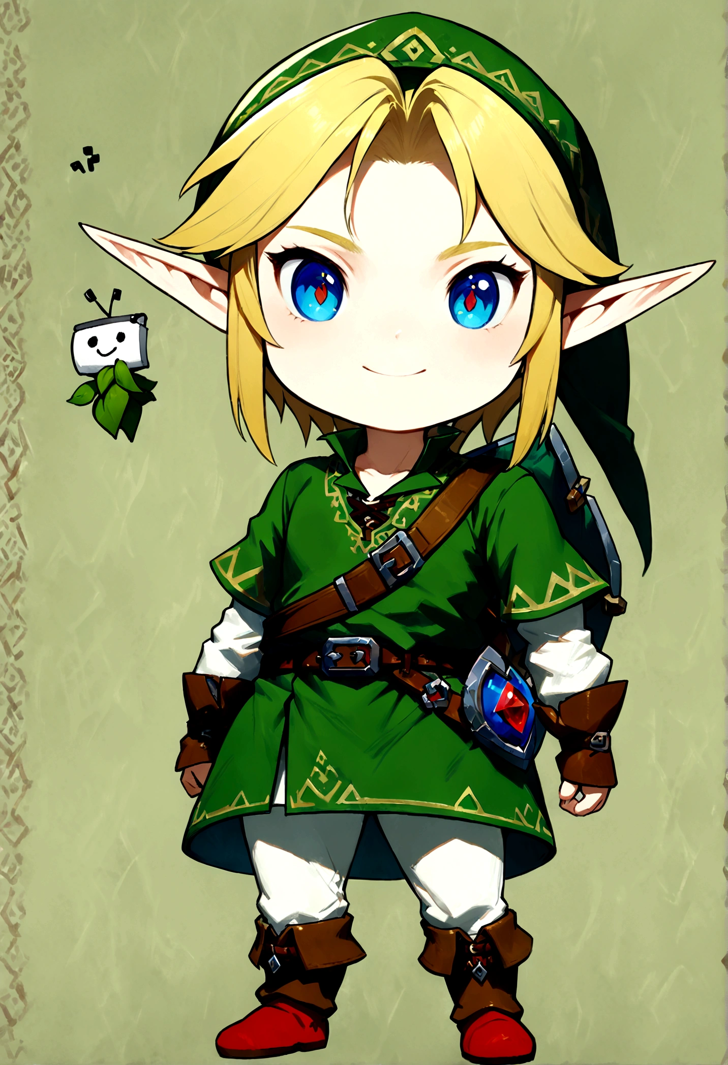 Link_\(The Legend of Zelda\), Link, YoungLink, (chibi, Flipnote Studio:1.3), (best quality, masterpiece, high quality, extremely detailed CG unity 8k wallpaper:1.2), good anatomy, detailed face, 1boy, blonde hair, green tunic, pointy ears, hat, solo, blue eyes, green_headwear belt, Concept Art, intricate detail, detailed full body, extremely beautiful detailed anime face and eyes, seductive smile,