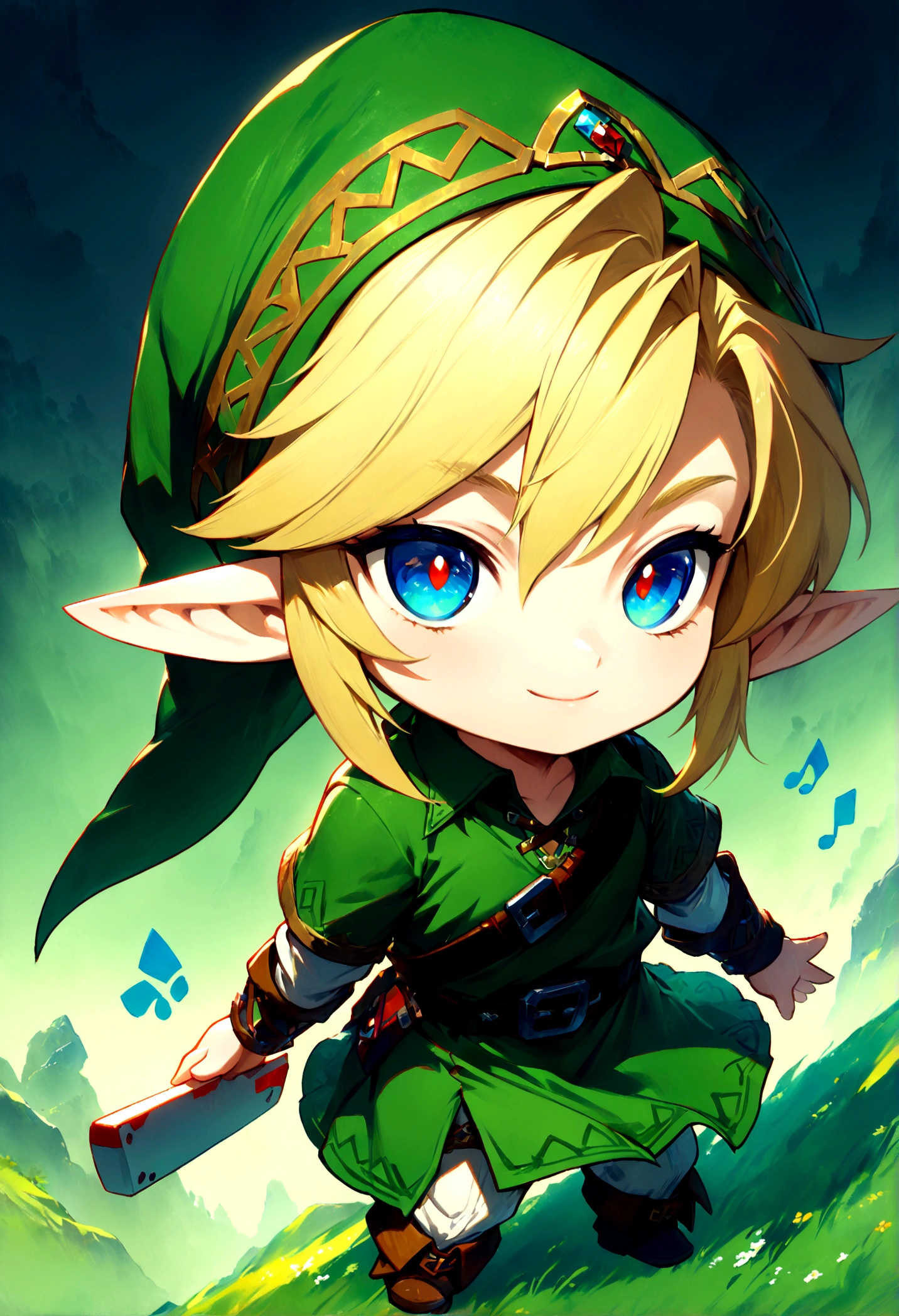 Link_\(The Legend of Zelda\), Link, YoungLink, (chibi, Flipnote Studio:1.3), (best quality, masterpiece, high quality, extremely detailed CG unity 8k wallpaper:1.2), good anatomy, detailed face, 1boy, blonde hair, green tunic, pointy ears, hat, solo, blue eyes, green_headwear belt, Concept Art, intricate detail, detailed full body, extremely beautiful detailed anime face and eyes, seductive smile,