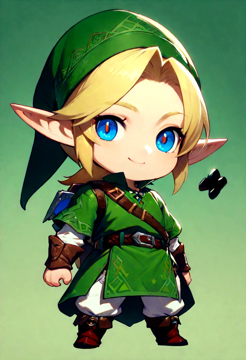 Link_\(The Legend of Zelda\), Link, YoungLink, (chibi, Flipnote Studio:1.3), (best quality, masterpiece, high quality, extremely detailed CG unity 8k wallpaper:1.2), good anatomy, detailed face, 1boy, blonde hair, green tunic, pointy ears, hat, solo, blue eyes, green_headwear belt, Concept Art, intricate detail, detailed full body, extremely beautiful detailed anime face and eyes, seductive smile,