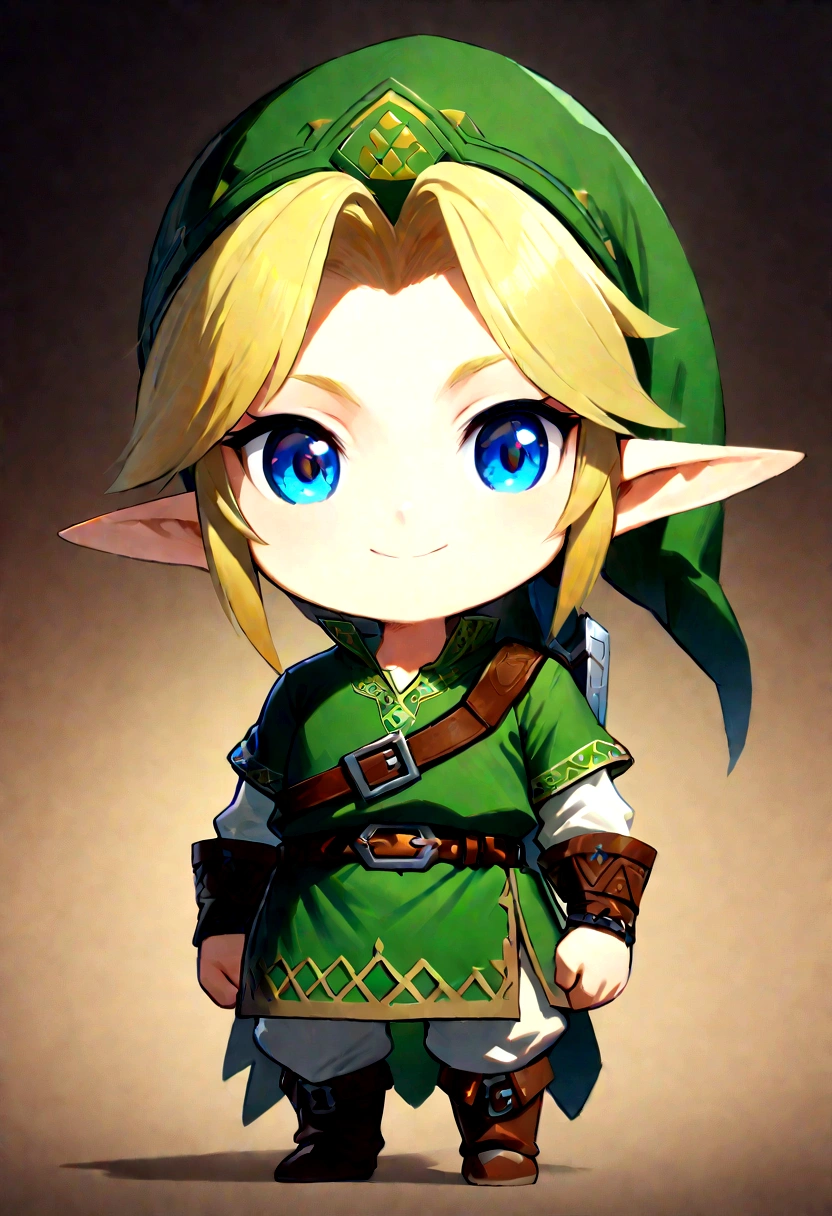 Link_\(The Legend of Zelda\), Link, YoungLink, (chibi, Flipnote Studio:1.3), (best quality, masterpiece, high quality, extremely detailed CG unity 8k wallpaper:1.2), good anatomy, detailed face, 1boy, blonde hair, green tunic, pointy ears, hat, solo, blue eyes, green_headwear belt, Concept Art, intricate detail, detailed full body, extremely beautiful detailed anime face and eyes, seductive smile,