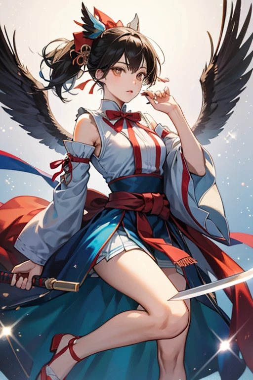 Tomoe is a fair-skinned woman with chest-length black hair and dark brown eyes. She wore a blue ankle-length dress with sleeves down her elbow underneath a red coverings with sleeves down her elbow a long blue ribbon tied in a bow around her waist. She also wore a red mask with a yellow beak, white wings, and holds a naginata with a silver blade and light brown handle. To transform, she owned a Miraculous SPARKLE; GLITTER;