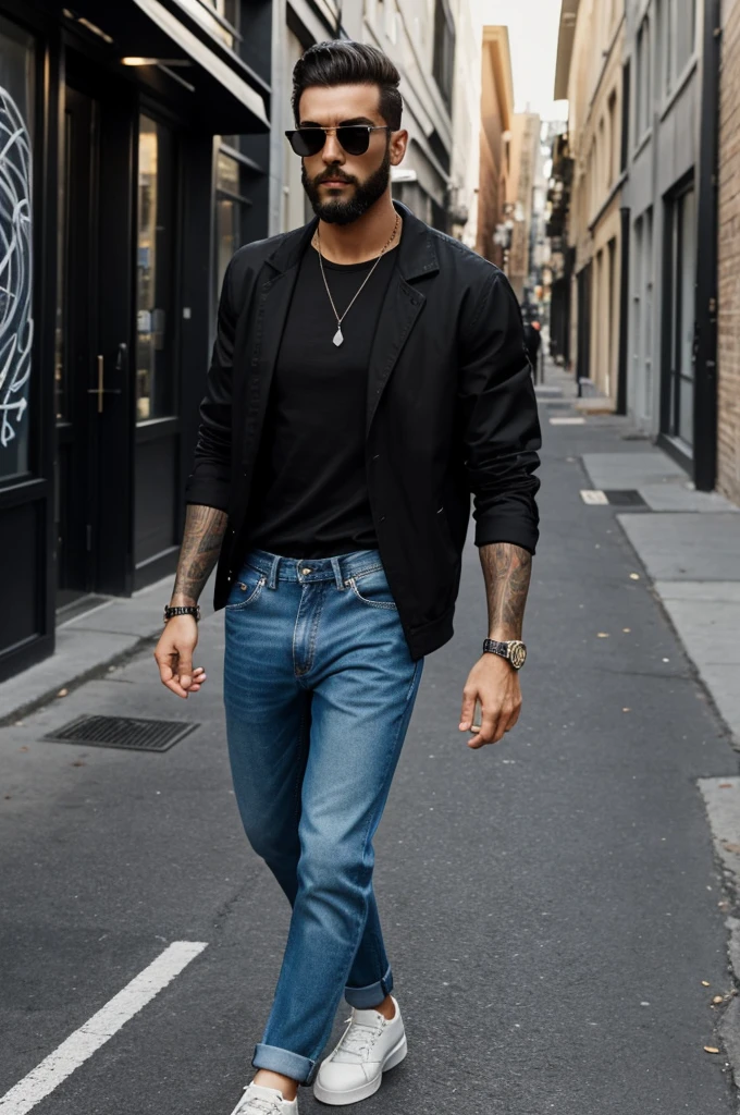 "A tall man with an athletic build, with short hair and a well-groomed beard, is walking down an urban street with a background of modern buildings and artistic graffiti. She wears a tight black t-shirt that highlights her figure., combined with a vintage style denim jacket. His baggy medium blue jeans fall naturally, offering a perfect contrast with the black Chelsea boots on his feet. On his left wrist, He sports a minimalist black watch and wears square sunglasses with dark metal frames. The atmosphere is casual but sophisticated, reflecting a confident and modern style."