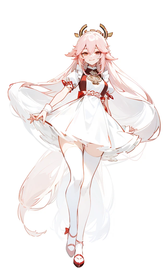 Yae Miko in a maid dress, pretty shoes, cute, smile, pretty face, long flowing hair