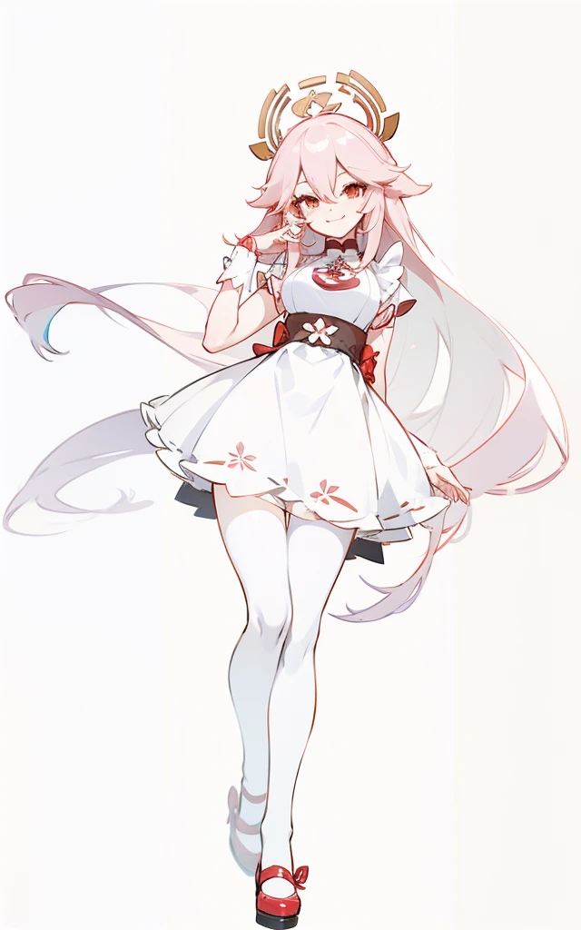 Yae Miko in a maid dress, pretty shoes, cute, smile, pretty face, long flowing hair
