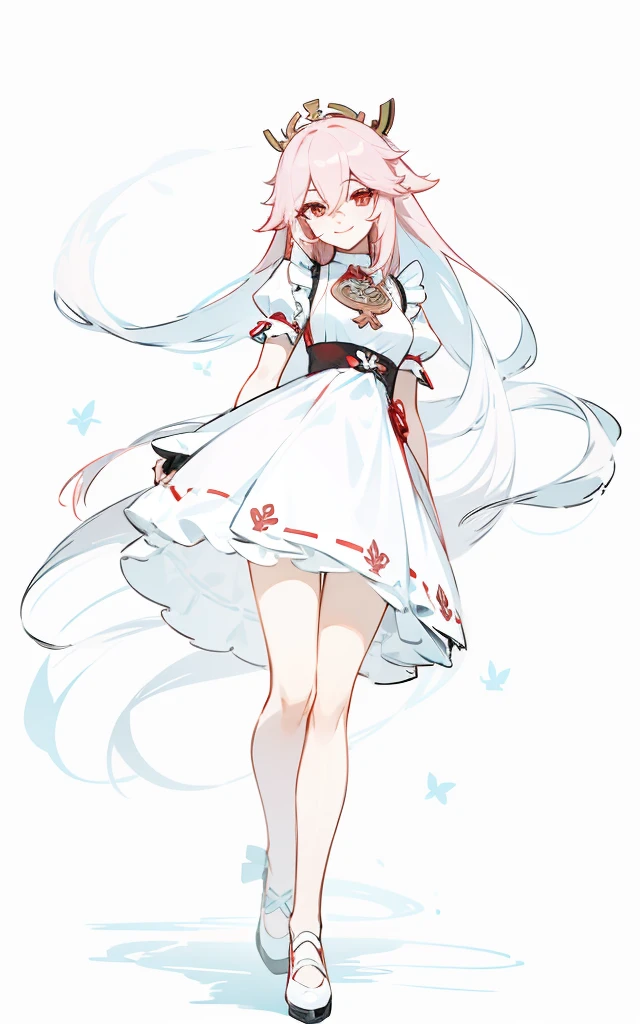 Yae Miko in a maid dress, pretty shoes, cute, smile, pretty face, long flowing hair