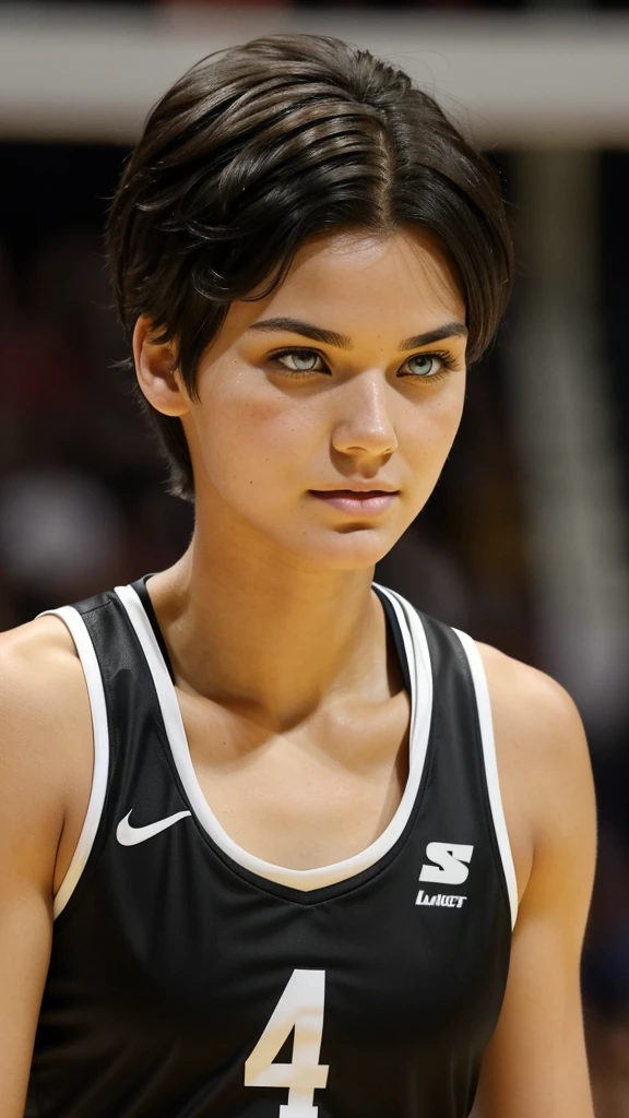 A female volleyball player with medium short hair, black and semi wavy color. has heterochromia, which is why one of his eyes is gray and the other is semi-dark brown. She has a fine face and is very beautiful and tender at the same time.. head to toe stand up fix picture