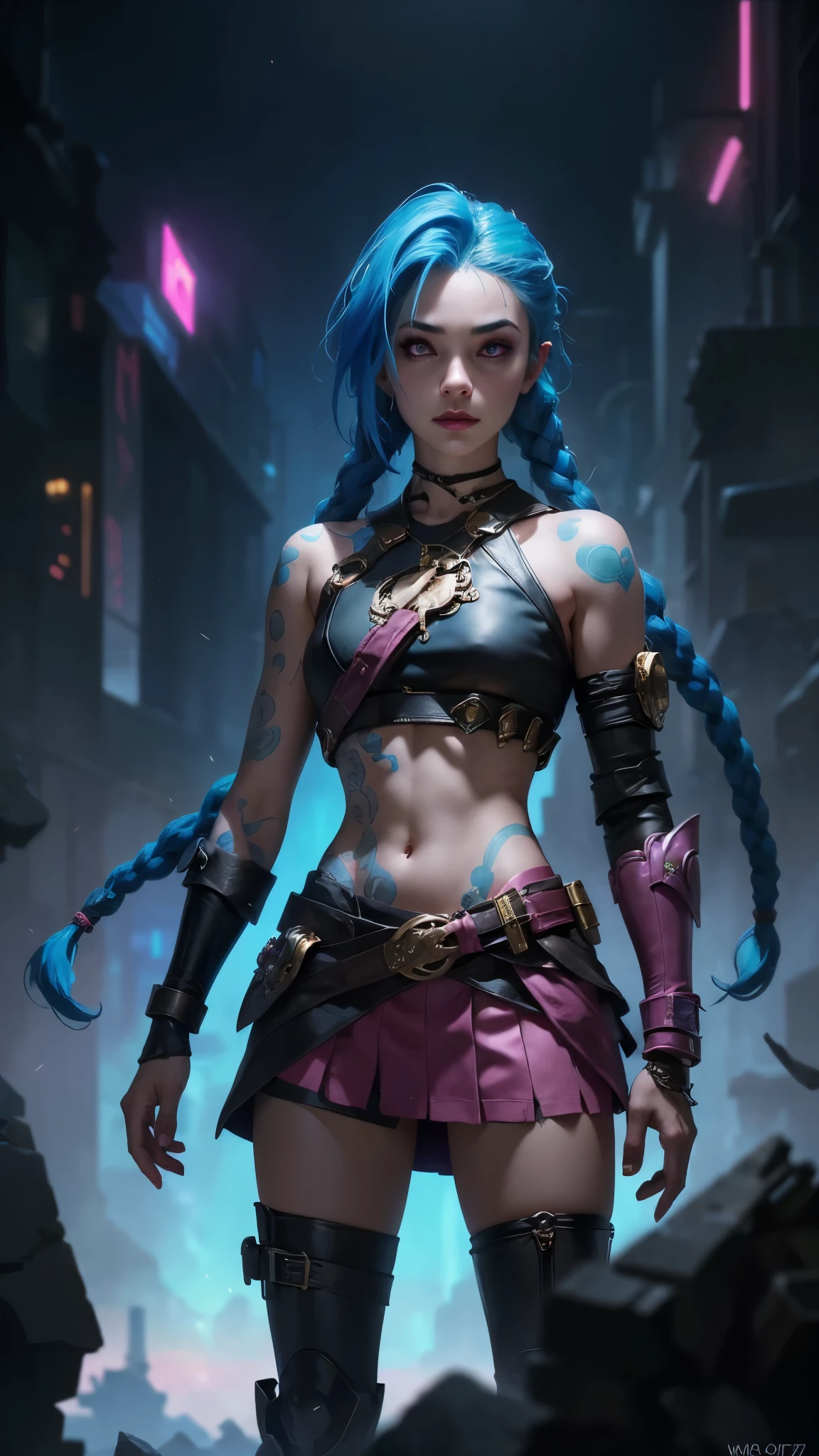 jinx arcane, uma mulher com hair blue e tatuagens, cyberpunk woman anime woman,(mini skirt pink :1.4) , pants, Beautiful angry cyberpunk goddess,(ojos hermosos azules :1.4), cyberpunk artstyle, cyberpunk anime digital art, cyberpunk anime art, Arcane Jinx Retrato, cyberpunk anime art, cyberpunk themed art, cyberpunk dark fantasy, arcane style, 1 girl, cloud tattoo on the arm, asymmetrical bangs, bangss, hair blue, blue braids, brown shirt, cloud tattoo, sideways, hair blue, long hair, pink eyes, Red lips, standing , cloud tattoo, Twin braids. Arcane Jinx. Jinx in a burning place, spark, spheres of light, Film Poster, Jinx, Arcane\(league of legends\, Epic Fantasy Art Style HD, 4K fantasy art, epic fantasy digital art style, epic fantasy art style, Fantasy Woman, epic fantasy art portrait, Epic fantasy style, hyperrealistic fantasy art, hd fantasy art, Epic fantasy character art, epic fantasy art, in style of dark fantasy art, epic fantasy digital art, ,(Fondo de ruinas de mazmorra en ruinas:1.4 ),( face detailed :1.4), (anatomía perfecta :1.4),( iluminación cinematográfica :1.4) 