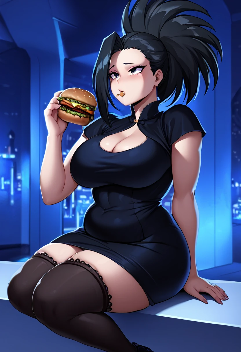 Momo Yaoyorozu from My Hero Academy, girl fat, ssbbw body, sexy, stockings, black hair, short night dress, night laboratory, night, dark dress, black dress, black stockings, black and black shoes, sitting, eating hamburgers, hamburguers, (Masterpiece:1.2), best quality, high resolution, beautifully detailed, extremely detailed, perfect lighting,
