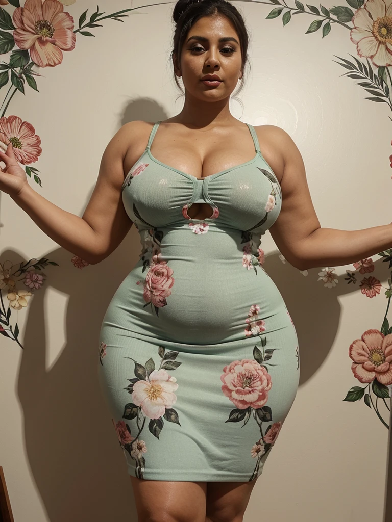 British aunty 42 years old curvy body sexy figure fat body hairbun wearing flower pattern tigh bodycon dress masturbating