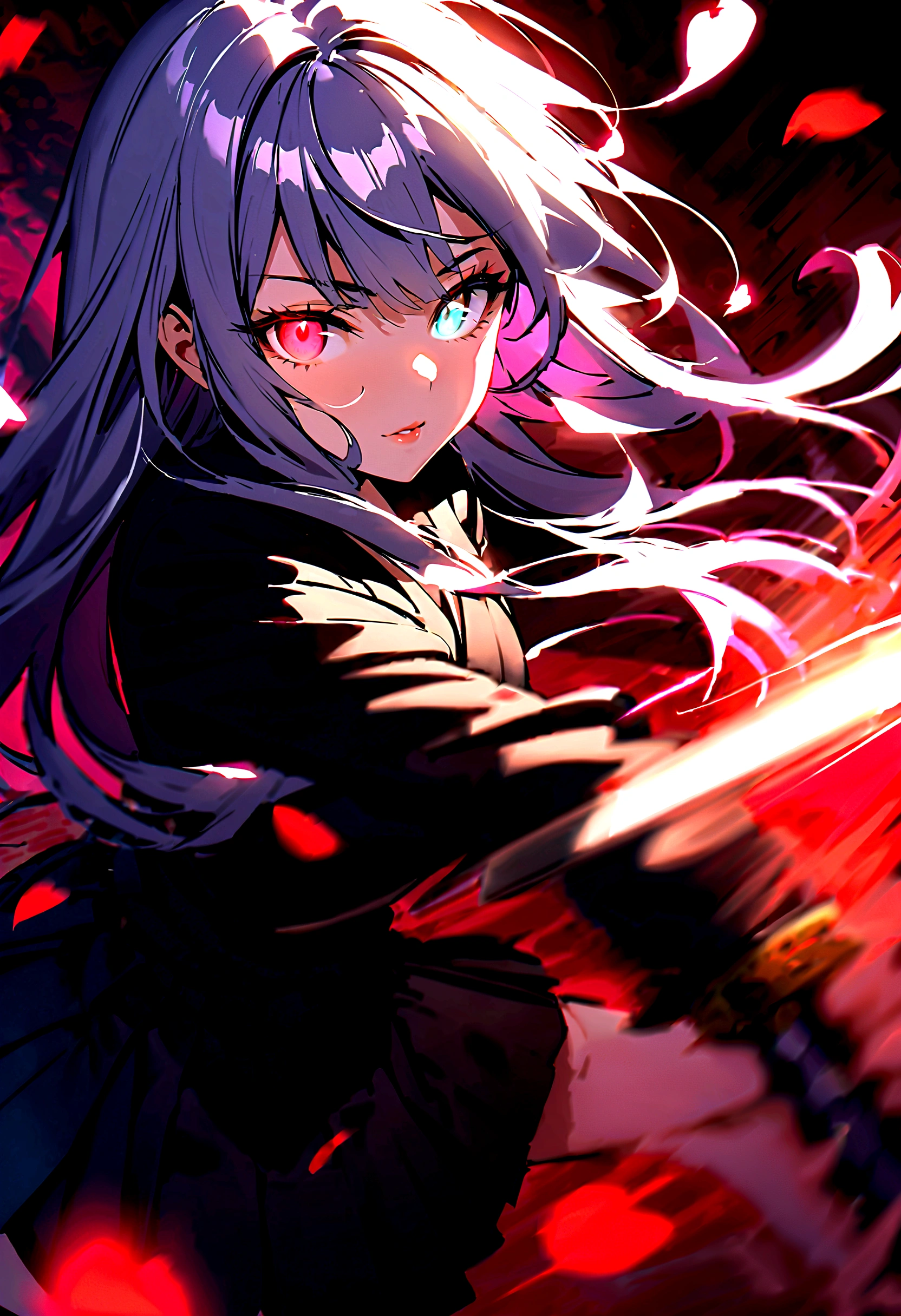 Japanese Anime：1 Girl, Beautiful and delicate eyes, Heterochromia，Beautiful and delicate lips, Extremely detailed eyes and face, Long eyelashes, Elegant Posture, White long hair,((( Black pleated skirt))), (((Glowing katana, Motion Blur, Petals in the air,))) Blurred foreground, Focus on the face, Japanese Anime艺术风格, Powerful energy, Dynamic Action, Red Moon, dark purple tones,
