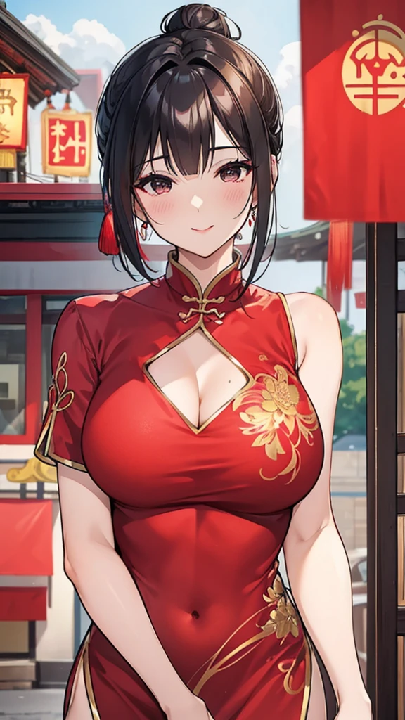 a beautiful woman，Standard red silk cheongsam，Hair tied into a bun，short black hair，Large Breasts，Sexy，Slim body，Holding a Chinese long sword，long sword waving， (gold embroidery thread)， (Such)，cleavage， City，Outdoor Chinese restaurant，Smile，lipstick