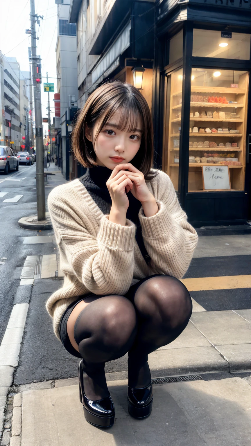 Photo taken by a professional photographer,Close-up of a woman squatting on the sidewalk with her legs crossed, kiko mizuhara, wearing a sweater, Shirahime cut brown hair, wearing a sweater, young and cute girl, japanese model, 白いwearing a sweater, Chiho, ランダムカラーのカジュアルなwearing a sweater,Cute ide waves with short hair, a cute young woman, cute young woman, black pantyhose,black tights,black high heels,