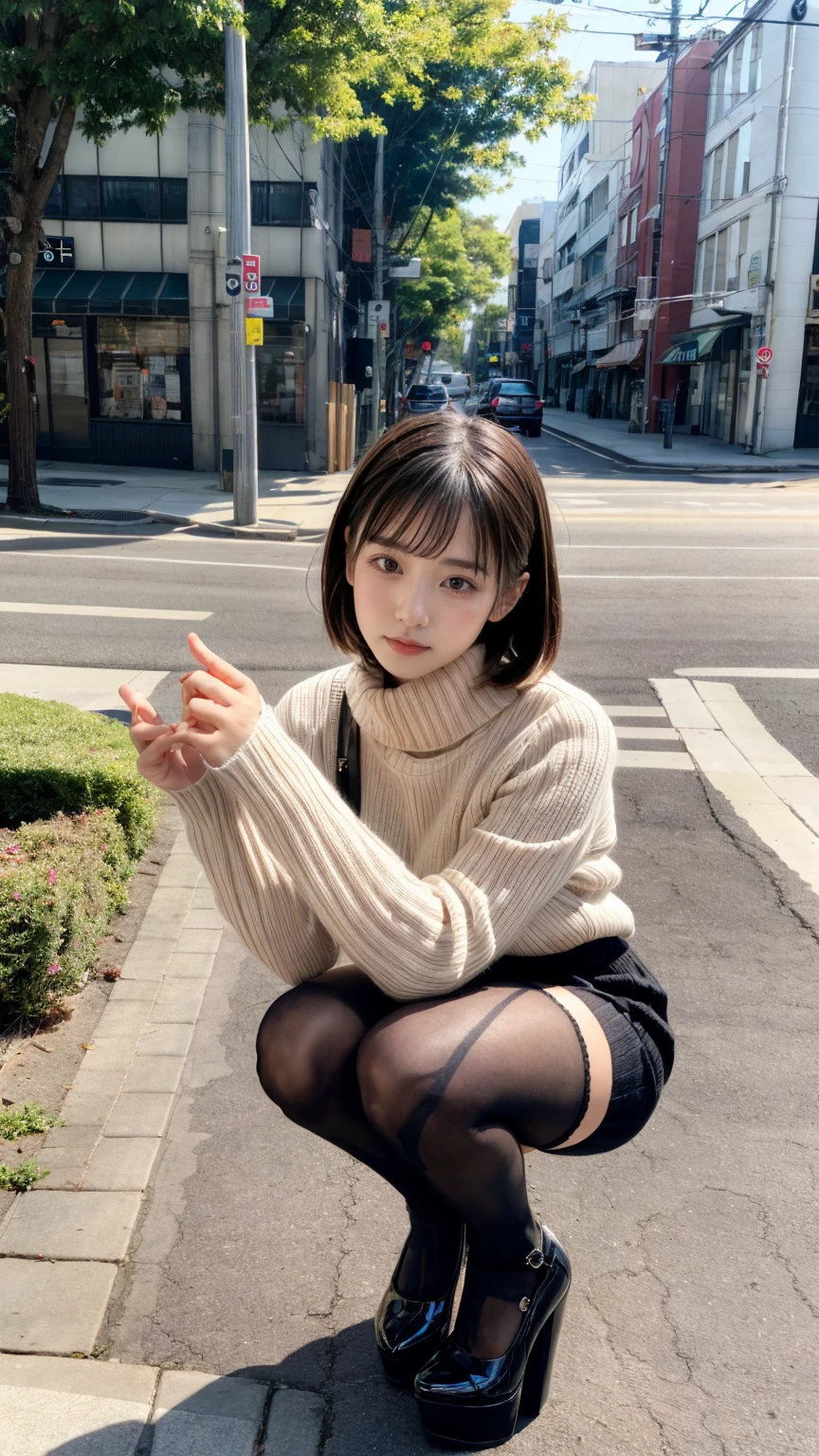 Photo taken by a professional photographer,Close-up of a woman squatting on the sidewalk with her legs crossed, kiko mizuhara, wearing a sweater, Shirahime cut brown hair, wearing a sweater, young and cute girl, japanese model, 白いwearing a sweater, Chiho, ランダムカラーのカジュアルなwearing a sweater,Cute ide waves with short hair, a cute young woman, cute young woman, black pantyhose,black tights,black high heels,