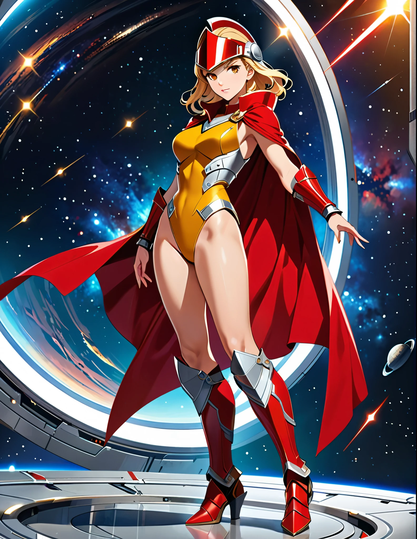 ((masterpiece)), ((best quality)), ((high res)), (dynamic villain pose), (solo, solo focus), standing, italian, (blonde hair, brown eyes), ((beautiful detailed eyes)), (a woman in a yellow and red costume and red cape), (leotard, bare legs), (roman helmet with futuristic visor, matching armored boots), (perfect hands, perfect anatomy), space backdrop, full body costume design.