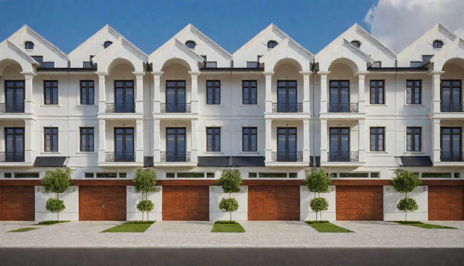 exterior house, contemporary style, white wall, wood wall, wood door, glass window, (realistic:1.2), Masterpiece, high quality, best quality, authentic, super detail, outdoors,road,pavement, grass, trees, sky, cloud, (daylight:1.1)