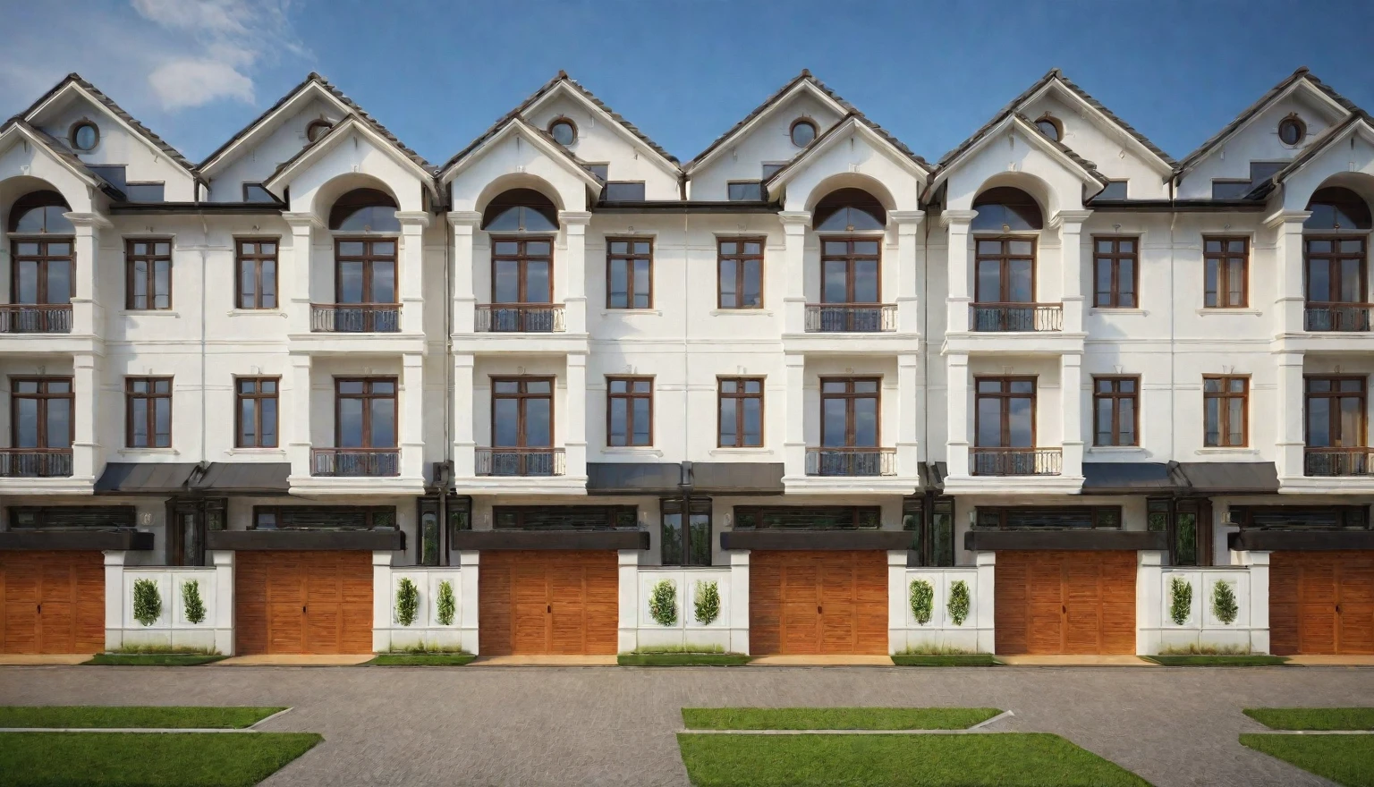 exterior house, contemporary style, white wall, wood wall, wood door, glass window, (realistic:1.2), Masterpiece, high quality, best quality, authentic, super detail, outdoors,road,pavement, grass, trees, sky, cloud, (daylight:1.1)