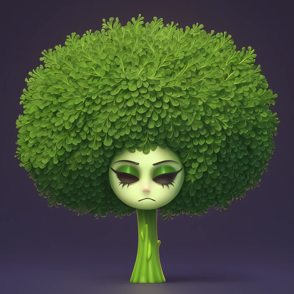 large fluffy hair broccoli sad face in Figuration Libre art style