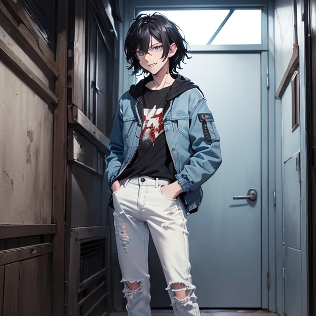 (master piece, best high quality image, very good detailed image, very good detailed character, very good detailed background, very detailed textures, carefully detailed and textures, character standing alone, full body)
{{((1:character: 23 years old black hair boy, (pale skin, blue eyes, black shaggy hair, sadistic face, evil laughter, blood on his body and clothes), (light-blue jacket, blue jeans, white shoes), (cuicine room))}}