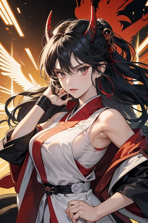 As Ikari Gozen, Tomoe had an appearance reminiscent of a classical Greek centaur as her lower body resembled a horse, complete with four legs and four hooves. Unlike the other centaurs, she didn't have a tail. As a living suit of hollow samurai armor, her skin was the same metallic red as the rest of her body with light brilliant amber eyes with almost invisible yellowish white pupils, partially covered with a helmet reminiscent of the one that Riposte beared; albeit with a large horn that looked like Oni-Chan's rather than a winged emblem and bearing the Tsurugi family crest on her chest.
Because the Tsurugi's car was transformed along with Tomoe in the akumatization, she appeared to be very mechanical and vehicular, especially in the lower half of her body. Its appearance evoked a high end car, inspired by a Tesla Model S, with tires at the joints, headlights at the front hips, and exhaust ports throughout. Ikari Gozen wielded her akumatized bokken in her right hand. She also had the ability to see as she was able to locate her daughter repeatedly and recognize her as the hero Ryuko. SPARKLE; GLITTER;