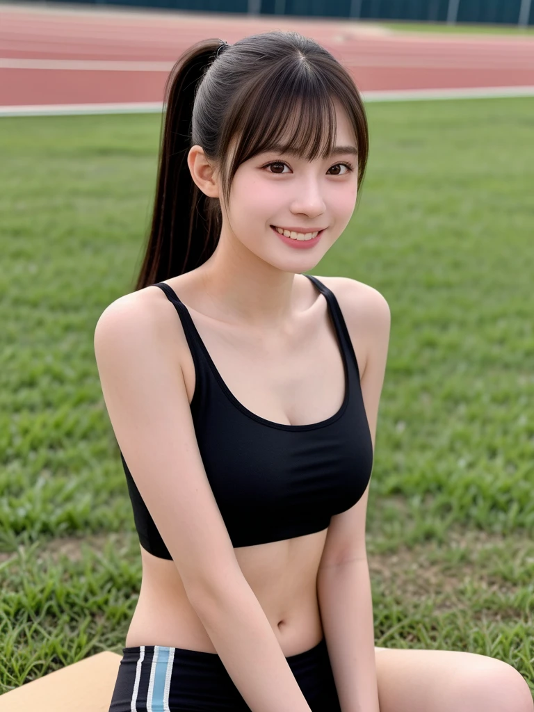 (kawaii -old Japse girl, Nogizaka idol, Korean idol, track and field player), healthy female athlete body, glossy brown hair, (high ponytail, bangs:1.2), beautiful black eyes, rounded face, single eyelid, (no makeup:1.2), (big laughing), (yellow crop top), sitting in a field of flowers, extra small breasts, BREAK, (dynamic angle, bust shot:1.2), BREAK, (masterpiece, best quality, photo realistic, official art:1.4), (UHD, 8K quality wallpaper, high resolution, raw photo, golden ratio:1.3), (shiny skin), professional lighting, physically based rendering, award winning, (highly detailed skin texture, extremely detailed face and eyes textures), Carl Zeiss 85 mm F/1.4, depth of field, (1girl, solo),