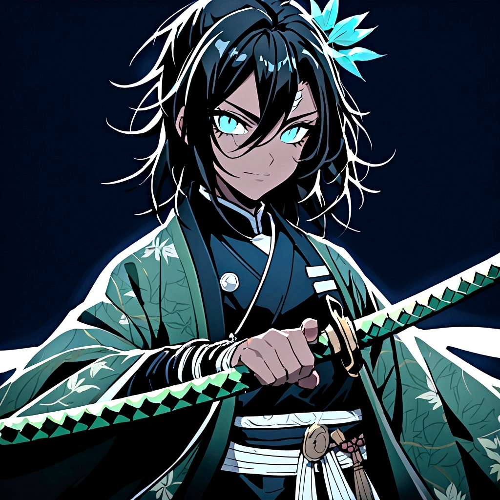 create a demon slayer style character with dark skin and blue eyes, black hair with blue and a green haori with leaf designs and a green katana