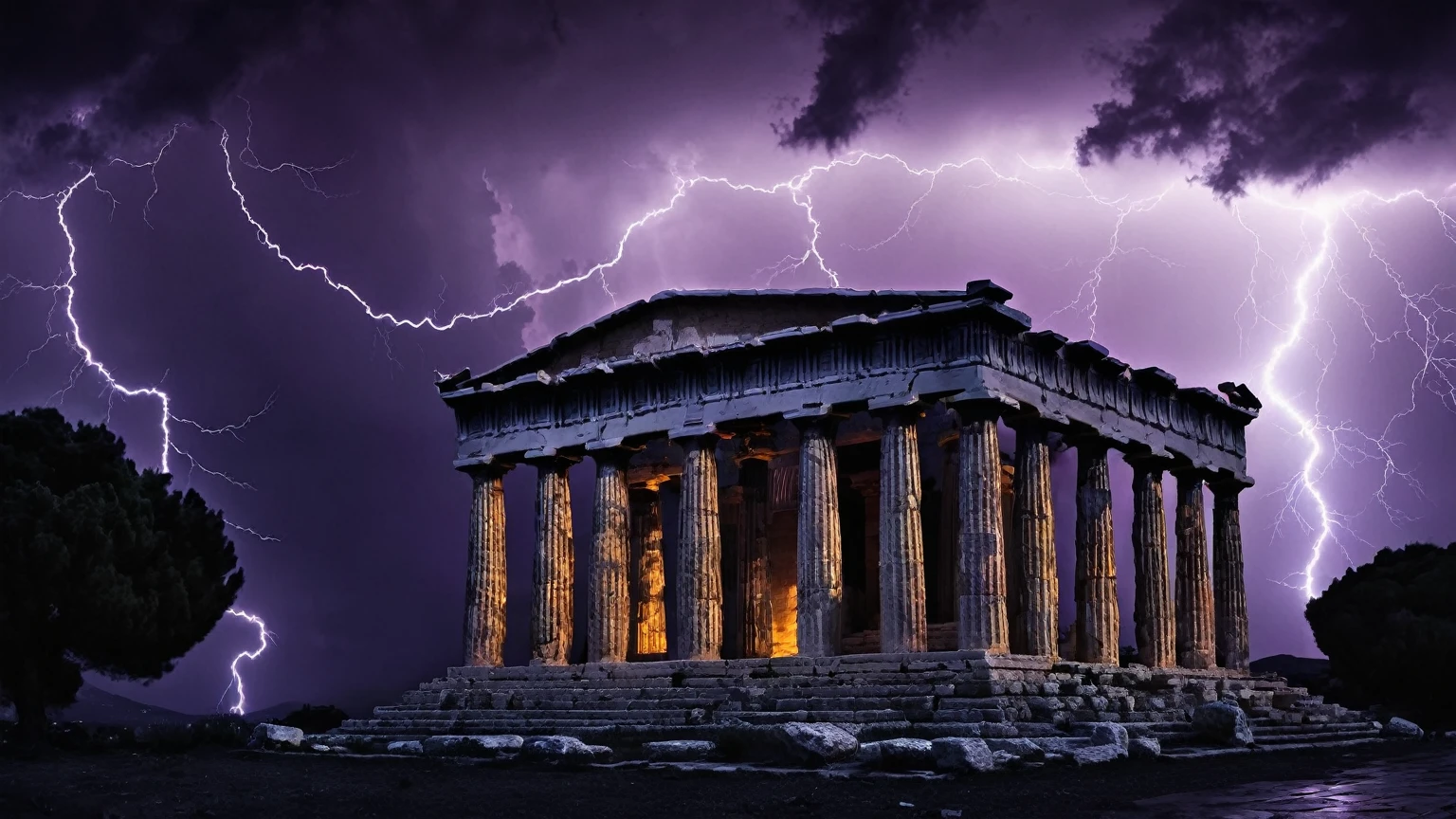 darkest atmosphere, dark purple & black storm clouds during the night, darkness, lightning, panoramic façade of a Greek temple, background