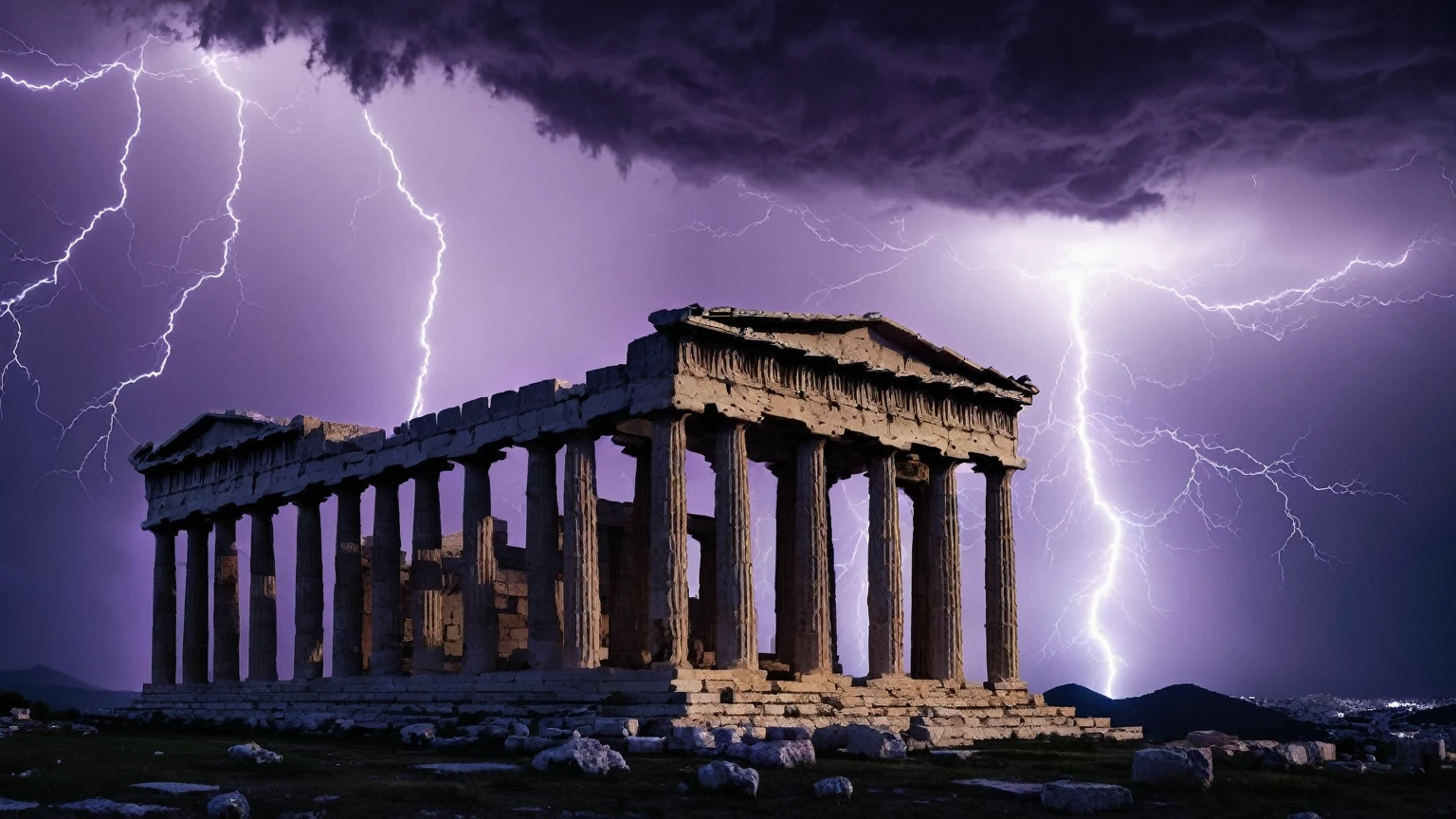 darkest atmosphere, dark purple & black storm clouds during the night, darkness, lightning, panoramic façade of a Greek temple, background