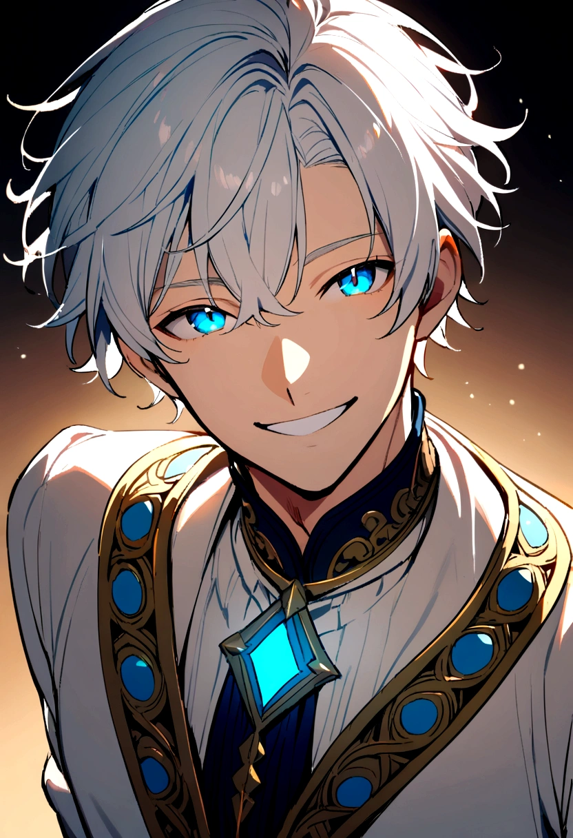 a man with white short hair, blue eyes, smiling