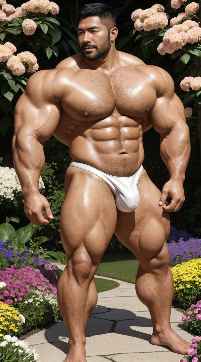 There is only one handsome Asian actor in the photo,35 years old,High target, Fitness,short hair, O-Shaped Beard,Perfect body, Dark skin color,Radiant Skin,Smooth skin,Shiny, shiny skin,Smooth pectoral muscles,No chest hair,No body hair,Muscle bulge, muscular, Very large pectoral muscles,Very sexy abdominal muscles,Very well-developed leg muscles,Huge concave and convex area,Brightens oily skin,Wearing a white leather thong,Handsome face,Normal human toes,Correct and accurate male body proportions,,Standing in the fantasy flowers, charming dream scene, Lots of flowers in the background,Create a mysterious and charming feeling。