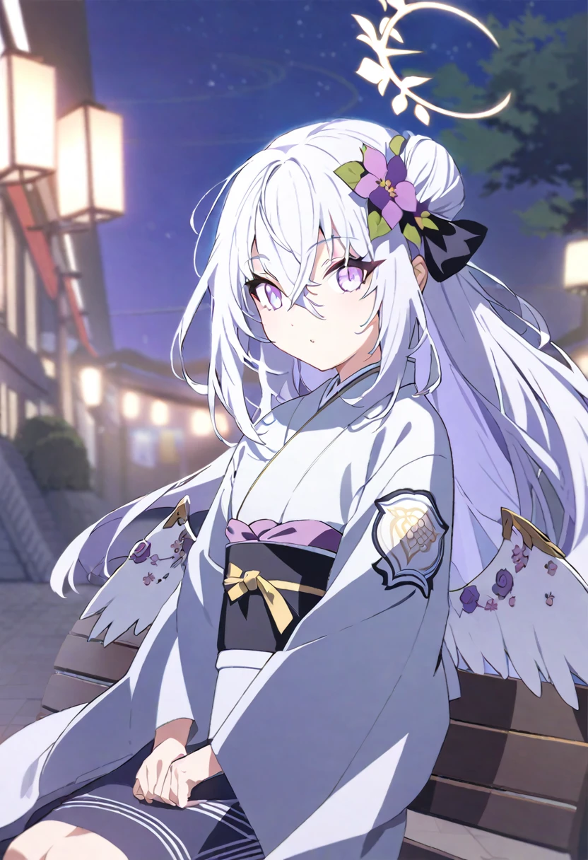 azusa \(blue archive\),1girl alternate_costume alternate_hairstyle angel_wings bench blurry braid braided_bun building depth_of_field feathered_wings flower hair_between_eyes hair_bun halo japanese_clothes kimono lamppost long_hair long_sleeves looking_at_viewer night night_sky obi obiage park park_bench purple_eyes sash sidelocks single_hair_bun sitting sky skyline skyscraper solo star_(sky) starry_sky stuffed_toy tree v_arms white_hair white_wings wide_sleeves wings yukata