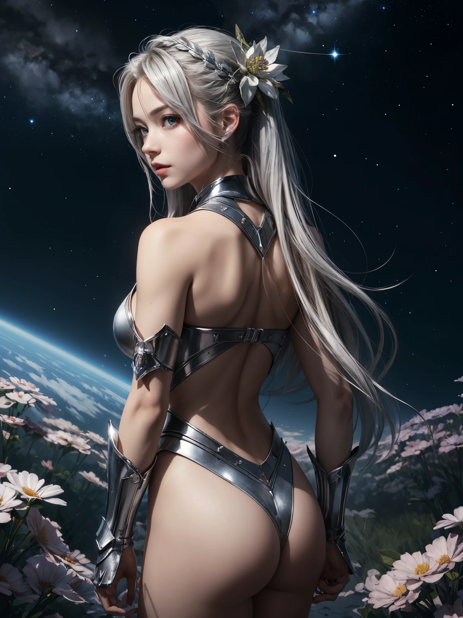 girl wearing smooth gleaming chrome plain armor, BREAK, 1girl, (from side:0.6), sleeveless, shoulder, detailed face, looking at viewer, (sideboob:1.2), dreamlike fantasy environtment, silver flowers, planetary constellation, goddess, new world,