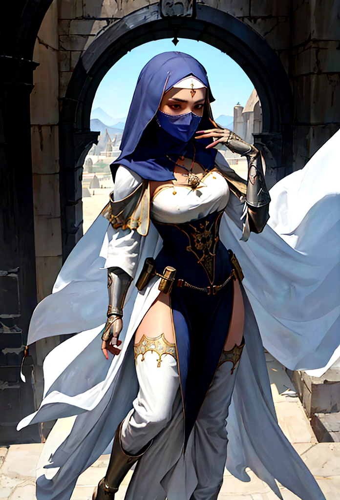 (full body of a medieval woman with a Hajib covering her mouth, She wears noble clothes and has brown eyes ), (innocent features)(cicatriz), ((good detailed eyes)) rosto ultra detaild, rpg concept art, art by greg rutkowski, art by ruan jia, arte de Ilya kuvshinov, ambiente darker, darker, character sheet, ultra detaild, ultra quality