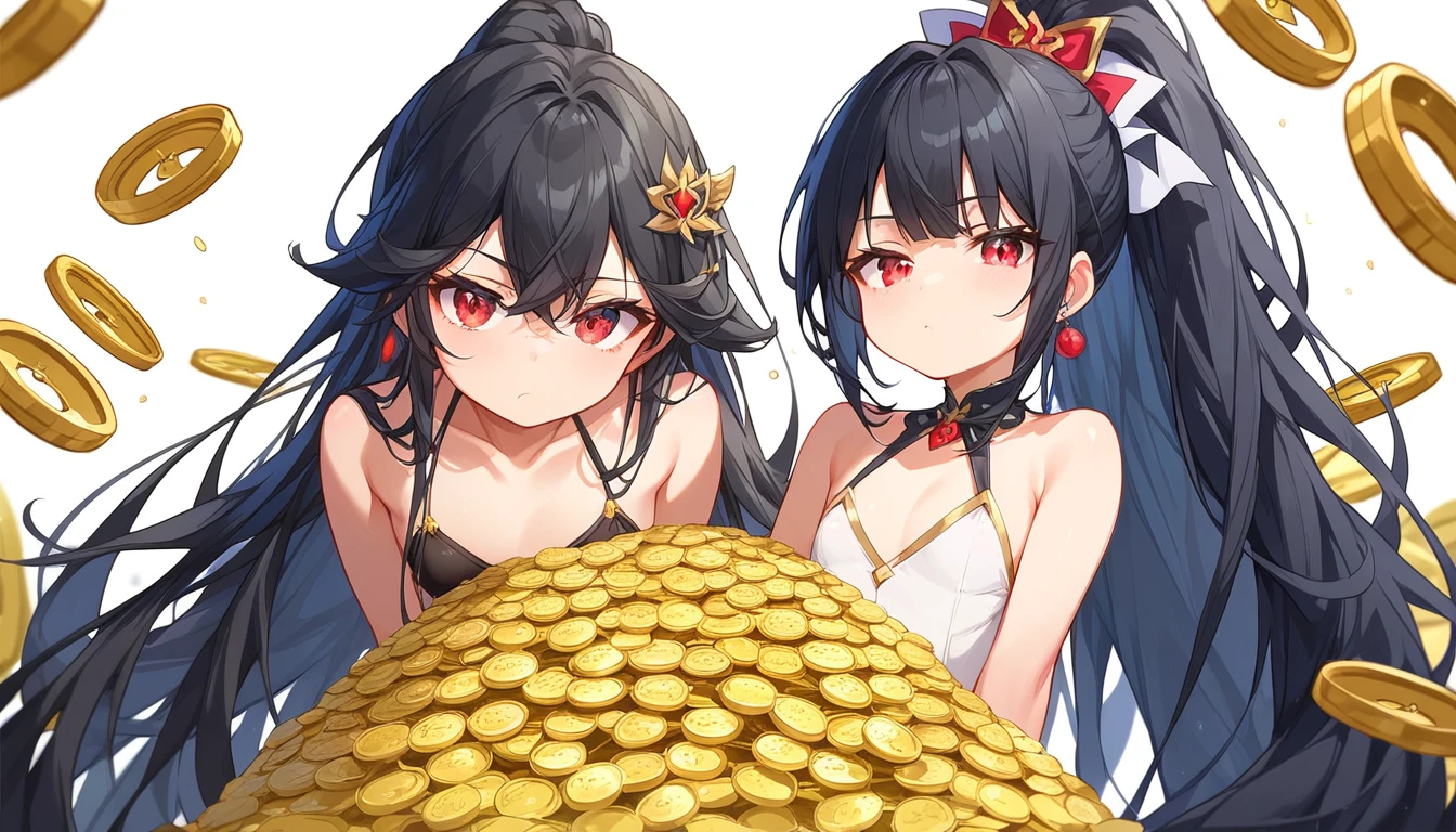 ((1girls:1.3)), ((moe style:1.3)), ((standing:1.3)), ((red eyes:1.3)), ((very long hair:1.3)), ((small girl:1.3)), ((flat chest:1.3)), ((bored look:1.3)), ((pile of gold coins:1.3)), ((black hair:1.3)), ((perfect face)), ((extremely cute:1.3)), ((masterpiece:1.3)), ((8k)), ((best quality:1.3)), ((beautiful)), ((extremely detailed:1.3)) , ((absurdres)), AddXL, ((score_9:1.3)), ((score_8_up:1.3)), ((score_7_up:1.3)), Expressiveh