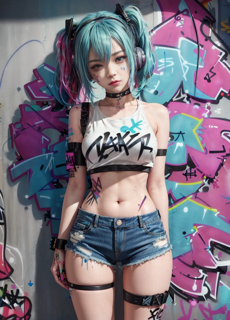 masterpiece, best quality, 1girl, solo, crop top, denim shorts, choker, (graffiti:1.5), paint splatter, arms behind back, against wall, looking at viewer, armband, thigh strap, paint on body, head tilt, bored, multicolored hair, aqua eyes, headset,