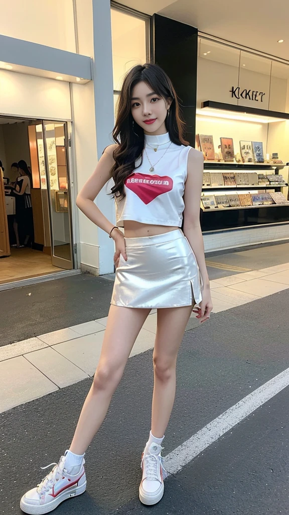 (((random composition : 1.2))), (realistic), (intricate details:1.2), (masterpiece、:1.3), (top quality:1.4), (Ultra A high resolution:1.2), Ultra A high resolution, 8K resolution, very detailed expression, (high quality), complete anatomy, natural anatomy, (full body photo:1.2), (1 korean girl), (In front of a cosmetics store's enterance :1.4), (She is promoting her new opening store.:1.5), (she Dancing femininely and sexyly : 1.4),(wearing in ear a microphone),(she doing promotional narration with mic while dancing K-pop..:1.4), (Event girl dispatched for business promotion purposes : 1.6), she is 21 years old, (she is korean:1.6), (beautiful : 1.4), (brightly colored hair), (She is Narrator model : 1.4), (She is Companion : 1.4),(She is event assistant : 1.4), (big earrings), (using microphone : 1.4), heavy makeup, cheerful expression, choker necklace, long legs, (The girl is wearing a slim sleeveless racing girl uniform and a tight shiny miniskirt. : 1.4), (She is wearing white leg warmer and high heel sneakers. :1.4), glowing skin, passionate promotional model, friendly smile, (Making eye contact with each other :1.4), kidney practitioner, multiple wreaths, event roulette, signboard, woofer speakers, performance equipment, event product promotion, Lots of people passing by on the street and paying attention to her., In front of the shopping mall in crowed