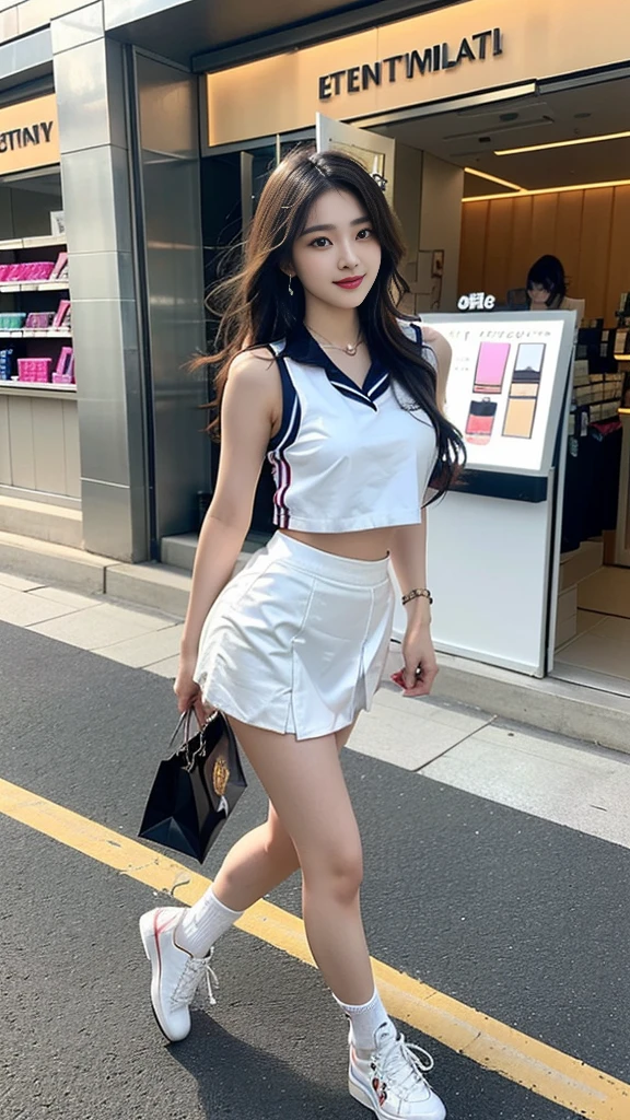 (((random composition : 1.2))), (realistic), (intricate details:1.2), (masterpiece、:1.3), (top quality:1.4), (Ultra A high resolution:1.2), Ultra A high resolution, 8K resolution, very detailed expression, (high quality), complete anatomy, natural anatomy, (full body photo:1.2), (1 korean girl), (In front of a cosmetics store's enterance :1.4), (She is promoting her new opening store.:1.5), (she Dancing femininely and sexyly : 1.4),(wearing in ear a microphone),(she doing promotional narration with mic while dancing K-pop..:1.4), (Event girl dispatched for business promotion purposes : 1.6), she is 21 years old, (she is korean:1.6), (beautiful : 1.4), (brightly colored hair), (She is Narrator model : 1.4), (She is Companion : 1.4),(She is event assistant : 1.4), (big earrings), (using microphone : 1.4), heavy makeup, cheerful expression, choker necklace, long legs, (The girl is wearing a slim sleeveless racing girl uniform and a tight shiny miniskirt. : 1.4), (She is wearing white leg warmer and high heel sneakers. :1.4), glowing skin, passionate promotional model, friendly smile, (Making eye contact with each other :1.4), kidney practitioner, multiple wreaths, event roulette, signboard, woofer speakers, performance equipment, event product promotion, Lots of people passing by on the street and paying attention to her., In front of the shopping mall in crowed