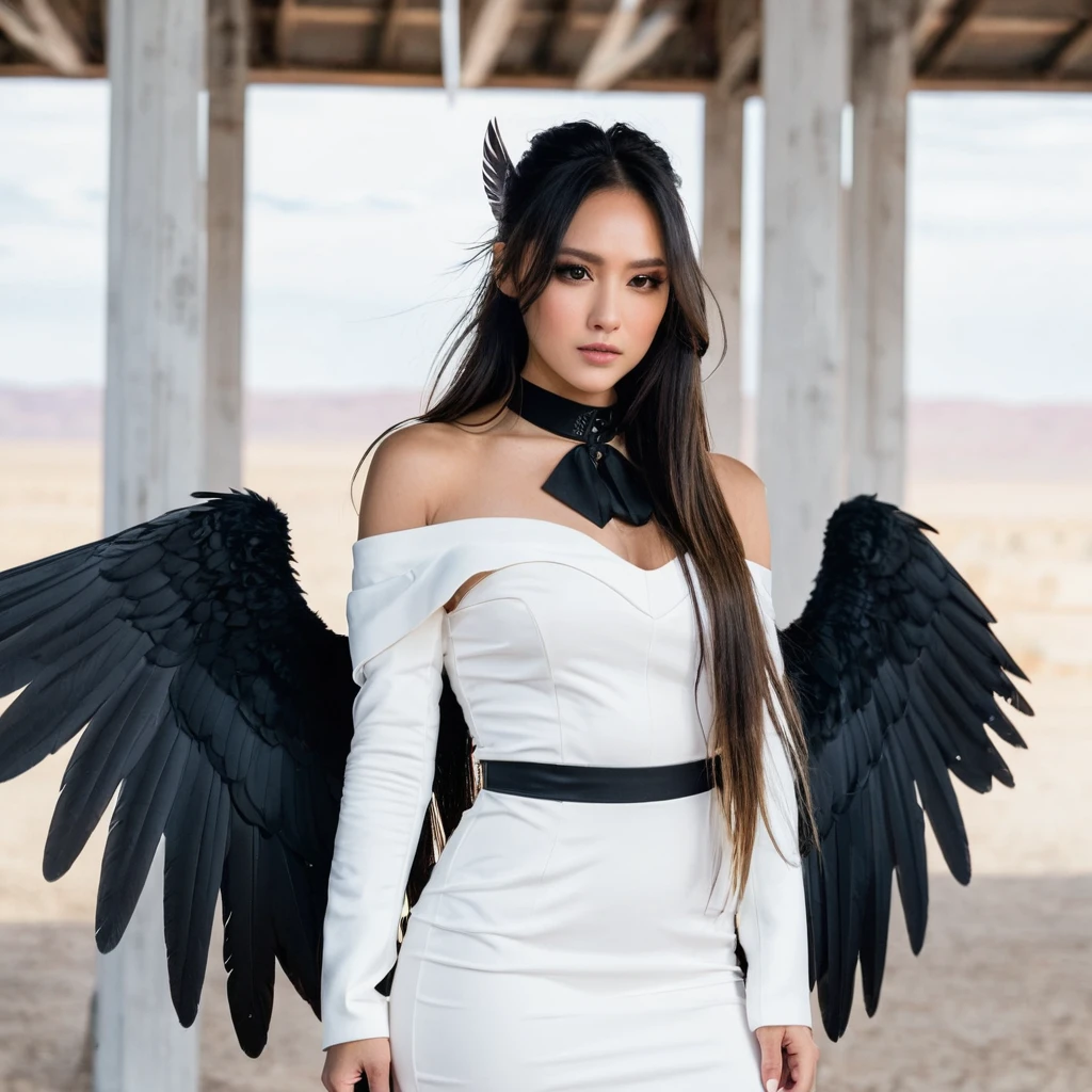 cowboy shot, (black wings:1.2), very long hair, side ponytail, choker, holding, off shoulder, (white dress:1.3), white jacket,halo,