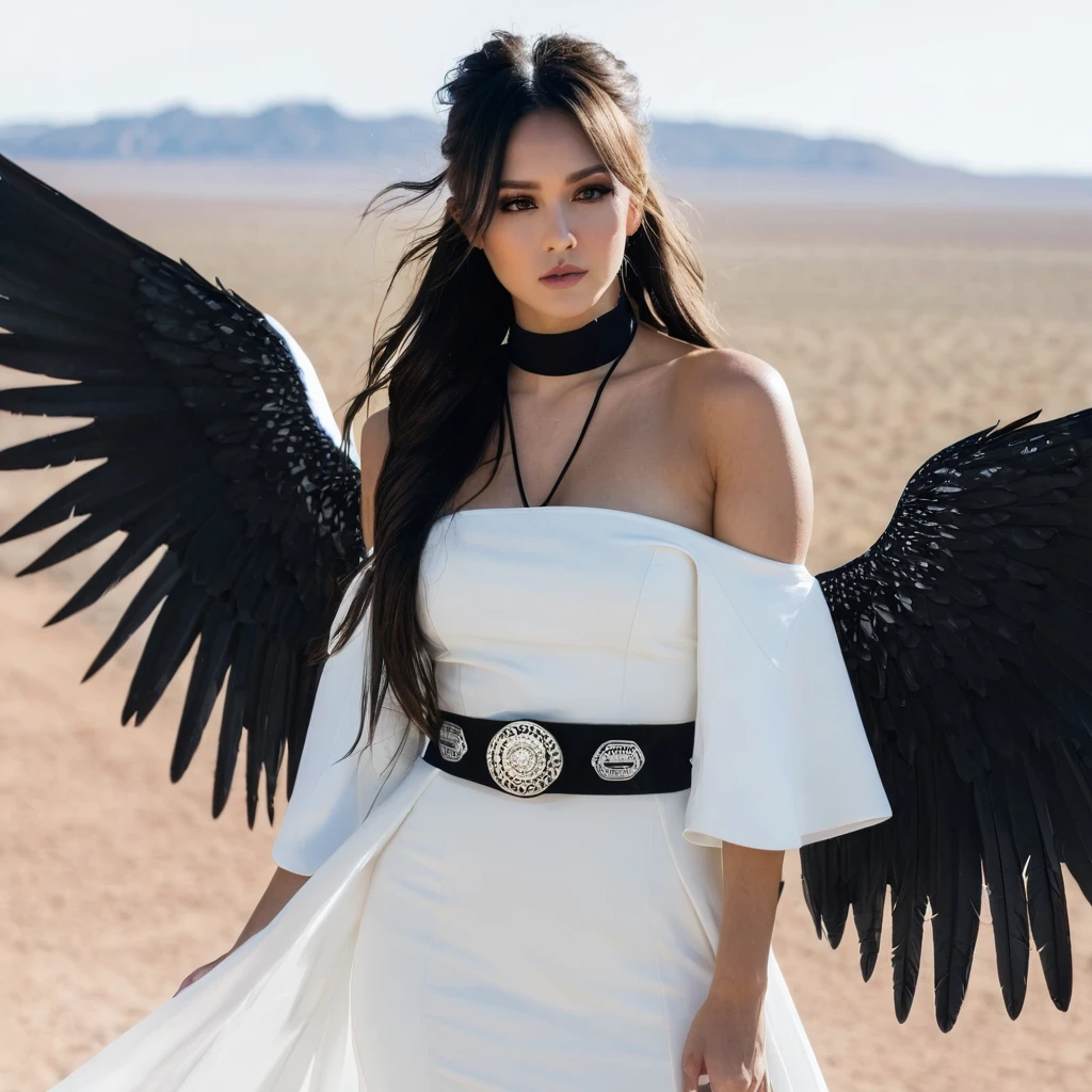 cowboy shot, (black wings:1.2), very long hair, side ponytail, choker, holding, off shoulder, (white dress:1.3), white jacket,halo,