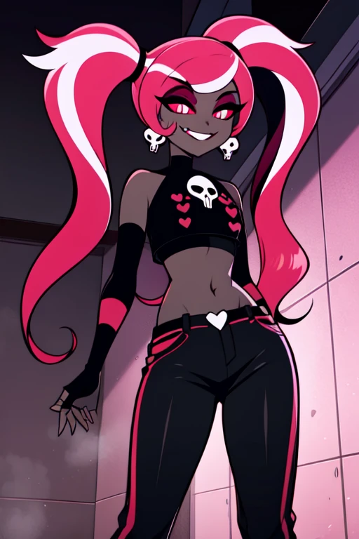 VelvetteHH, dark eyeshadow, white pupils, red sclera, pink hair, two-tone hair, twintails, long hair, skull earrings, colored skin, dark skin, fangs, black jacket, (black crop top:1.4), top with heart design, bare shoulders, fingerless gloves, elbow gloves, vertical striped pants, standing, smile, looking at viewer, indoors