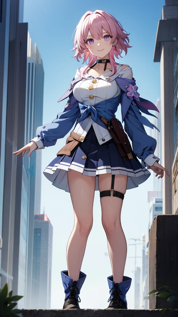 (Masterpiece), Best Quality, expressive eyes, Perfect face, 1 girl, Alone, seventh of march, Blue eyes, hair between the eyes, medium hair, pink eyes, pink hair, two tone eyes, ankle Boots, archery glove, insignia, bare legs, black choker, Black corset, black shoes, black gloves, blue Jacket, blue Skirt, Boots, button insignia, buttons, choker, clavicle, corset, earrings, flower ornament, gloves, Jacket, jewelry, long sleeves, miniSkirt, partially fingerless gloves, pleated Skirt, shirt, single earring, unique glove, Skirt, thigh strap, tied Jacket, under bust, white shirt, smiling, City, bottom, futuristic City, standing, Upper part of the body, portrait, looking at the viewer
