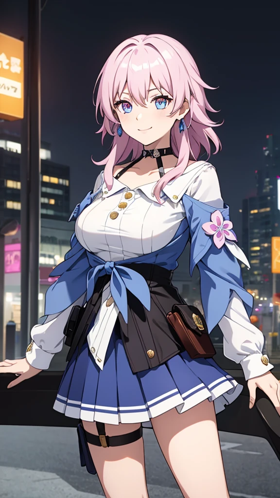 (Masterpiece), Best Quality, expressive eyes, Perfect face, 1 girl, Alone, seventh of march, Blue eyes, hair between the eyes, medium hair, pink eyes, pink hair, two tone eyes, ankle Boots, archery glove, insignia, ???? legs, black choker, Black corset, black shoes, black gloves, blue Jacket, blue Skirt, Boots, button insignia, buttons, choker, clavicle, corset, earrings, flower ornament, gloves, Jacket, jewelry, long sleeves, miniSkirt, partially fingerless gloves, pleated Skirt, shirt, single earring, unique glove, Skirt, thigh strap, tied Jacket, under bust, white shirt, smiling, City, bottom, futuristic City, standing, Upper part of the body, portrait, looking at the viewer