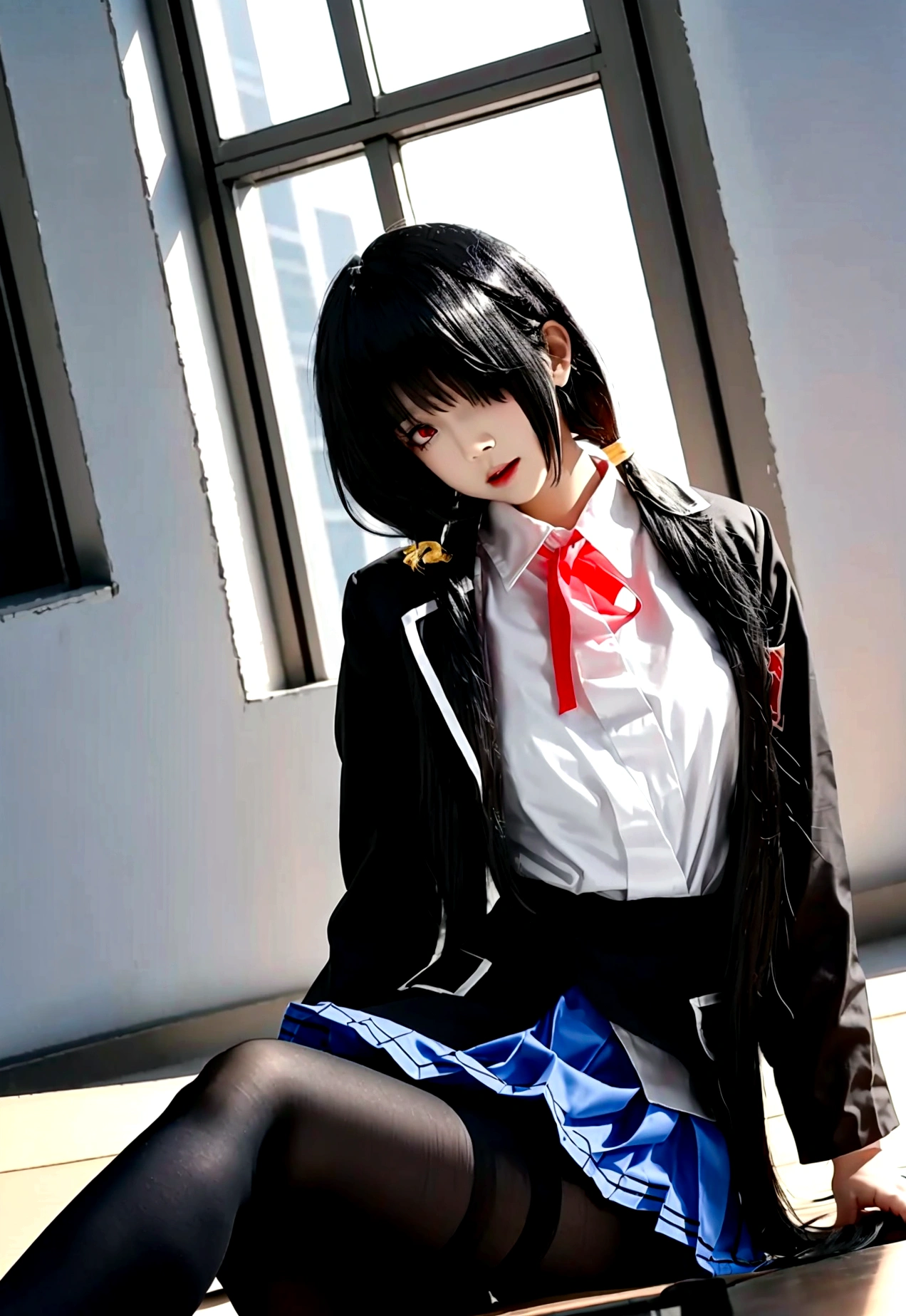 ultra-detailed,highly detailed,best quality,masterpiece,illustration,
The image depicts an anime-style character with long black hair covering one eye and red eyes. She is wearing a white uniform shirt with a black tie, black skirt, and black tights. The shirt has a badge on the left sleeve and shoulder epaulettes with gold details. She has a holster with a gun on her right hip. The character is sitting with one leg crossed over the other, holding her right hand near her chin. The background appears to be an indoor setting with a warm light source illuminating part of the scene.