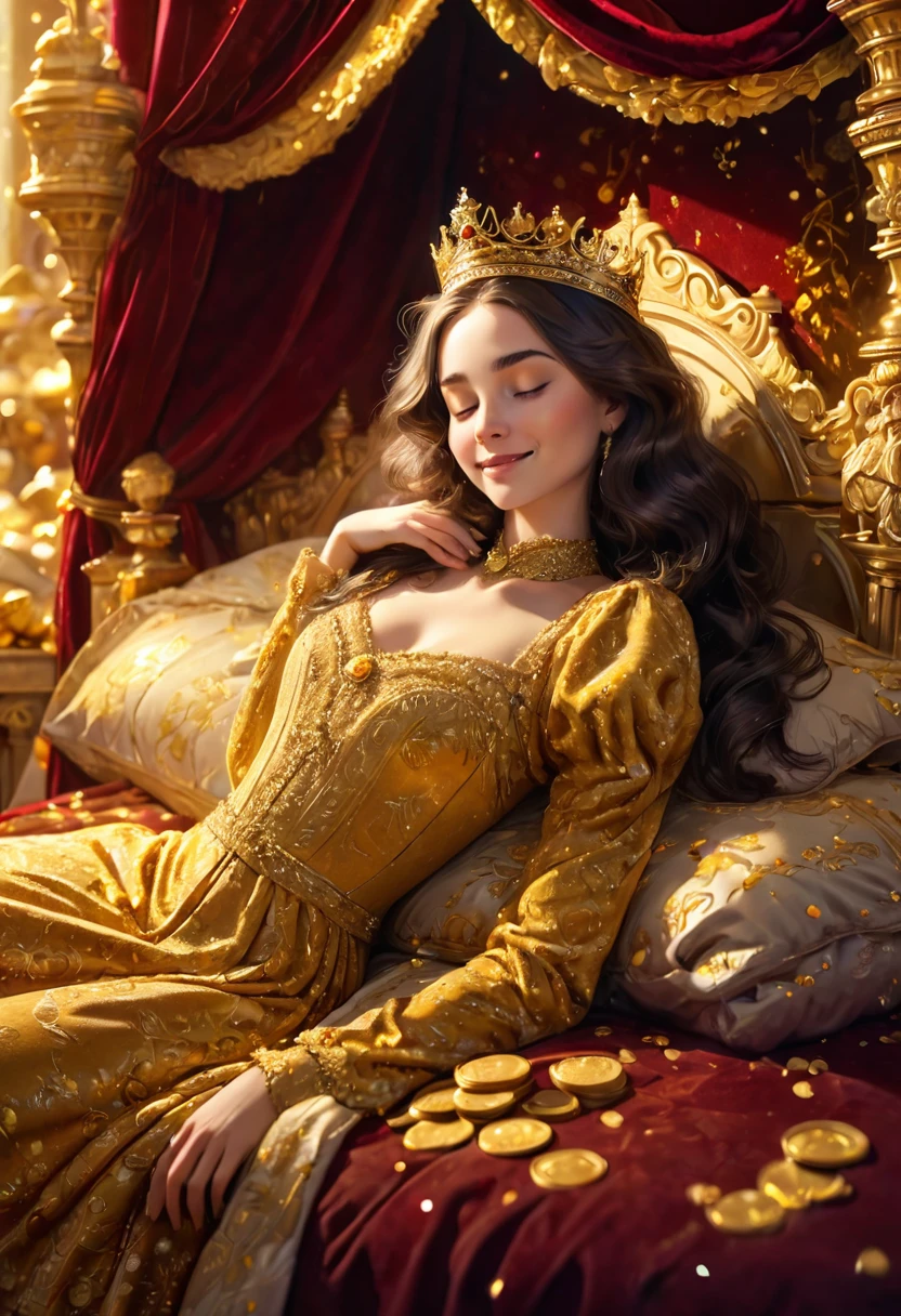 close-up, A princess sleeping on a bed of gold, a crown, royal clothes of wine velvet, a soft canopy, a gentle expression, a smile, surrounded by gold coins, full of money, stacked with gold coins, a gorgeous room like a palace, fine particles of light