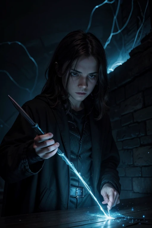 A dark, ominous background with a wand casting a spell, featuring a sinister and glowing spell effect.