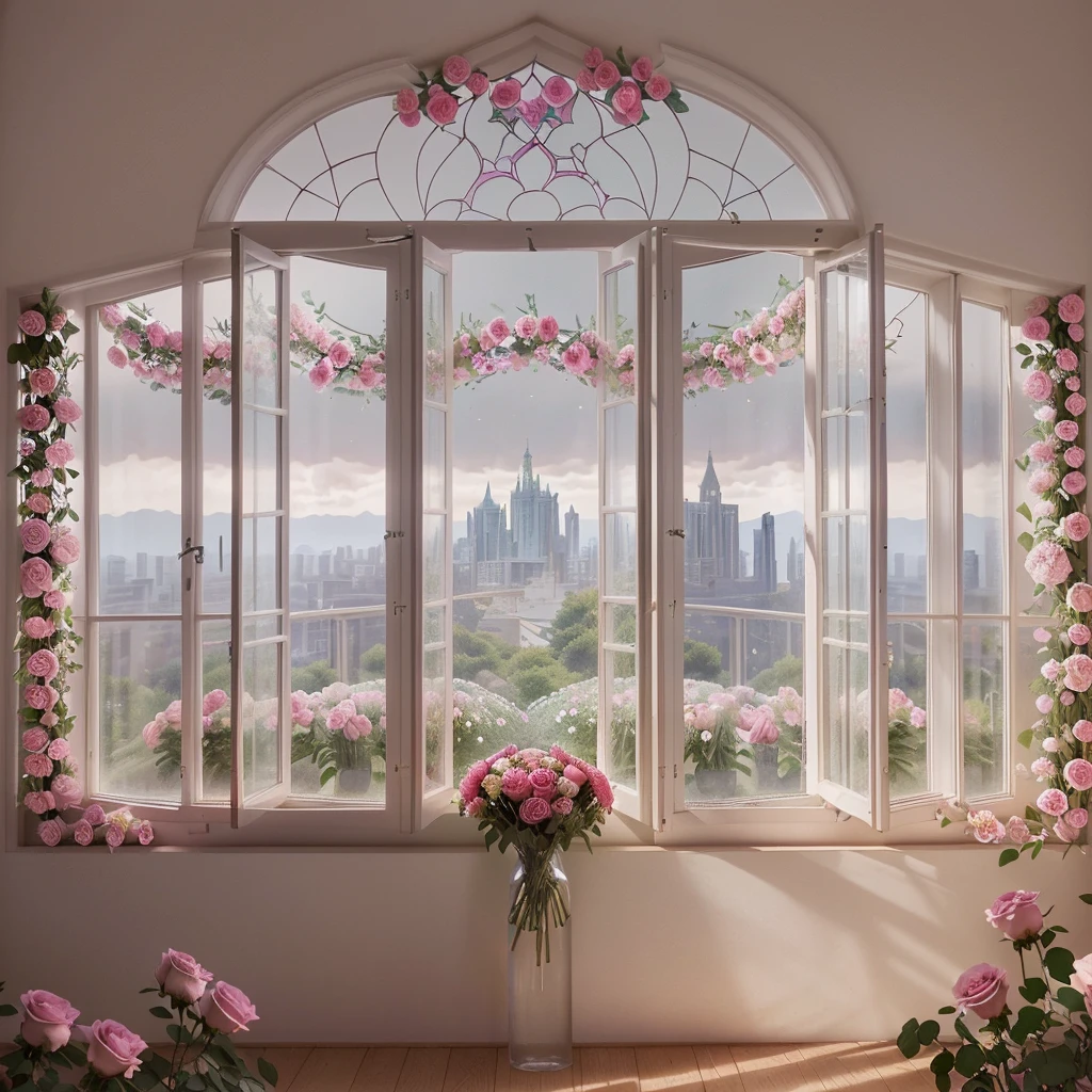 there is a room with a large window and a bunch of flowers, open window ib background, photo of a beautiful window, portal made of roses, beatiful backgrounds, beautiful and aesthetic, the window is open, beautiful scenic view, floral environment, open window, unreal engine ; romantic theme, beautiful aesthetic design, window and city background, beautiful render of a fairytale